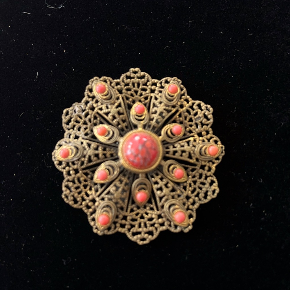 Vintage Czech Brass Filigree and Coral Matrix Glass Brooch